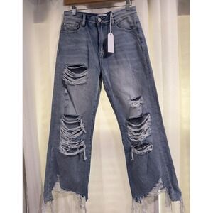 Petra 153 Womens Distressed Straight Leg Jeans Light Wash Raw Hem Size 5/26 NWT